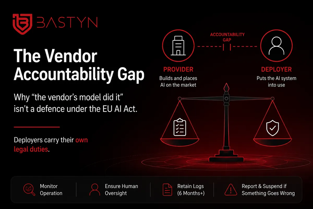 Illustration showing provider and deployer responsibilities under the EU AI Act and the vendor accountability gap for AI systems.